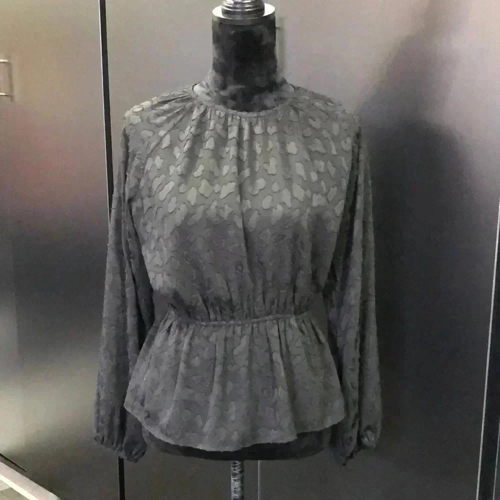 Ann Taylor Peplum Waist,lace like overlay,lined, round neck,long sleeve top